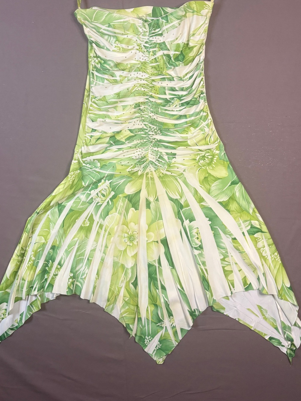 Y2K Tropical Rhinestone Ruched strapless Handkerchief Hem Stretch Dress